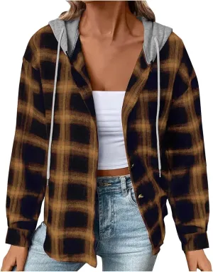 Trench Coat for Women 2024 Plaid Long Sleeve Cardigan Tops Mid-length Hooded Jackets Outerwear Winter Coats