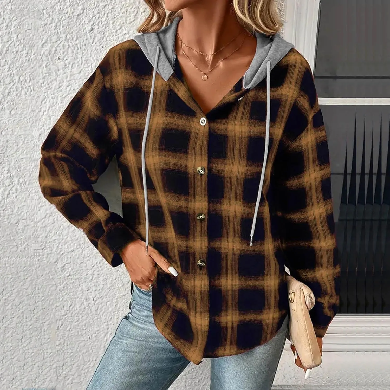 Trench Coat for Women 2024 Plaid Long Sleeve Cardigan Tops Mid-length Hooded Jackets Outerwear Winter Coats