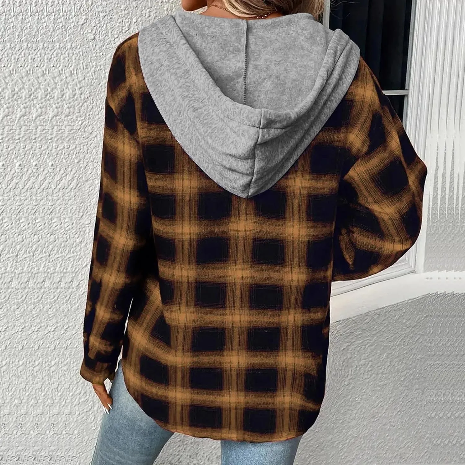 Trench Coat for Women 2024 Plaid Long Sleeve Cardigan Tops Mid-length Hooded Jackets Outerwear Winter Coats