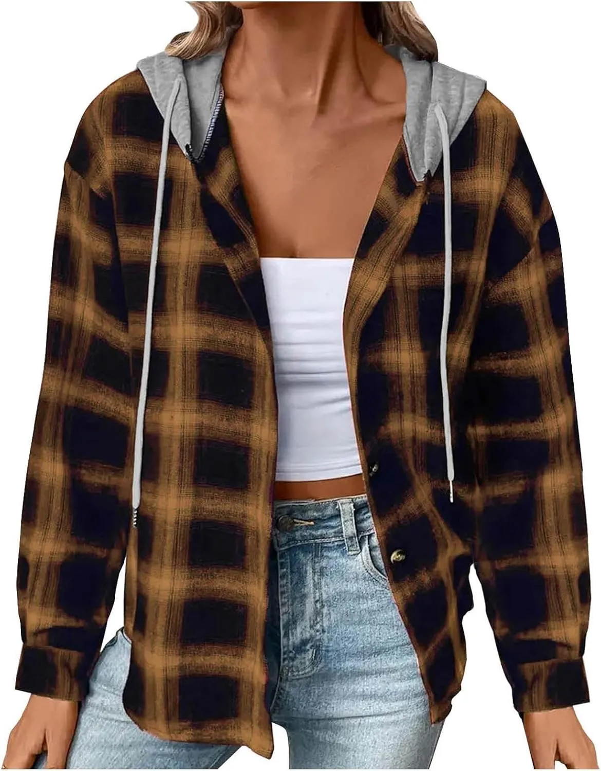Trench Coat for Women 2024 Plaid Long Sleeve Cardigan Tops Mid-length Hooded Jackets Outerwear Winter Coats