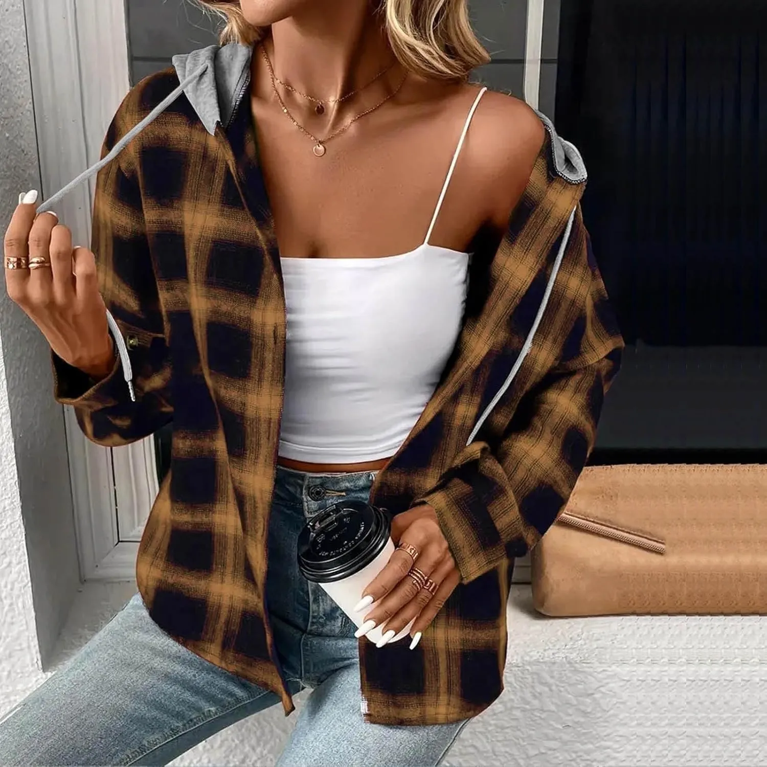 Trench Coat for Women 2024 Plaid Long Sleeve Cardigan Tops Mid-length Hooded Jackets Outerwear Winter Coats