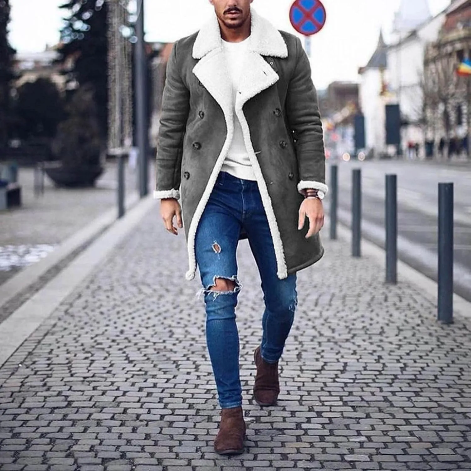 Trench Coat Men Casual Fleece Sherpa Lined Jackets Winter Warm Faux Fur Collar Long Coats Big and Tall Outwears Pockets