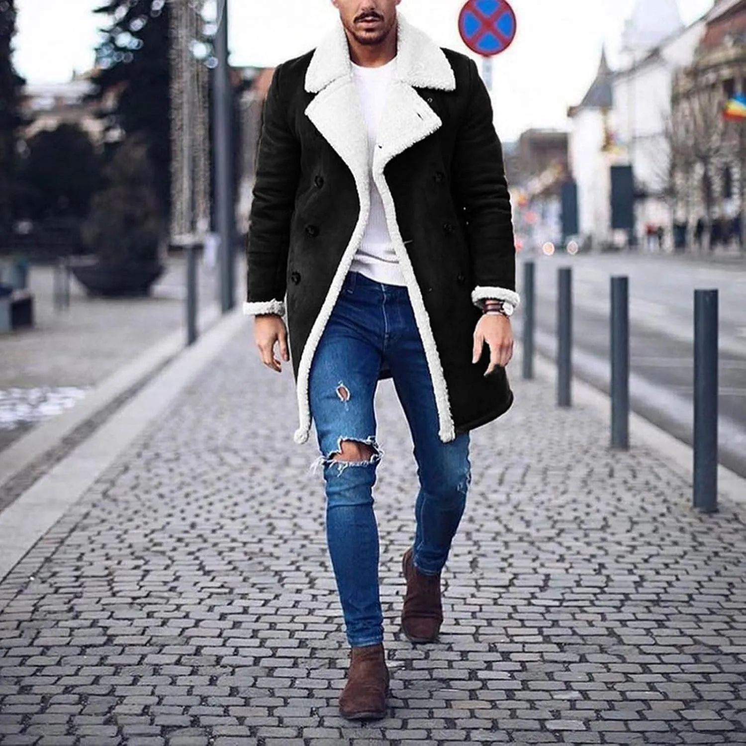 Trench Coat Men Casual Fleece Sherpa Lined Jackets Winter Warm Faux Fur Collar Long Coats Big and Tall Outwears Pockets