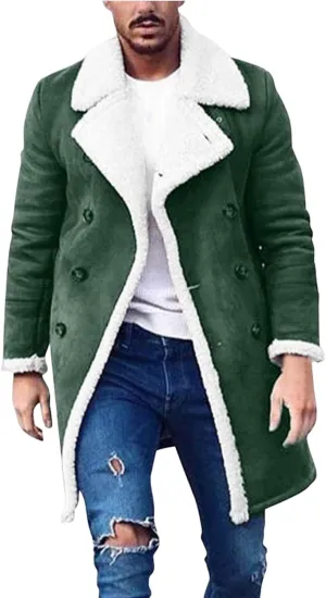 Trench Coat Men Casual Fleece Sherpa Lined Jackets Winter Warm Faux Fur Collar Long Coats Big and Tall Outwears Pockets