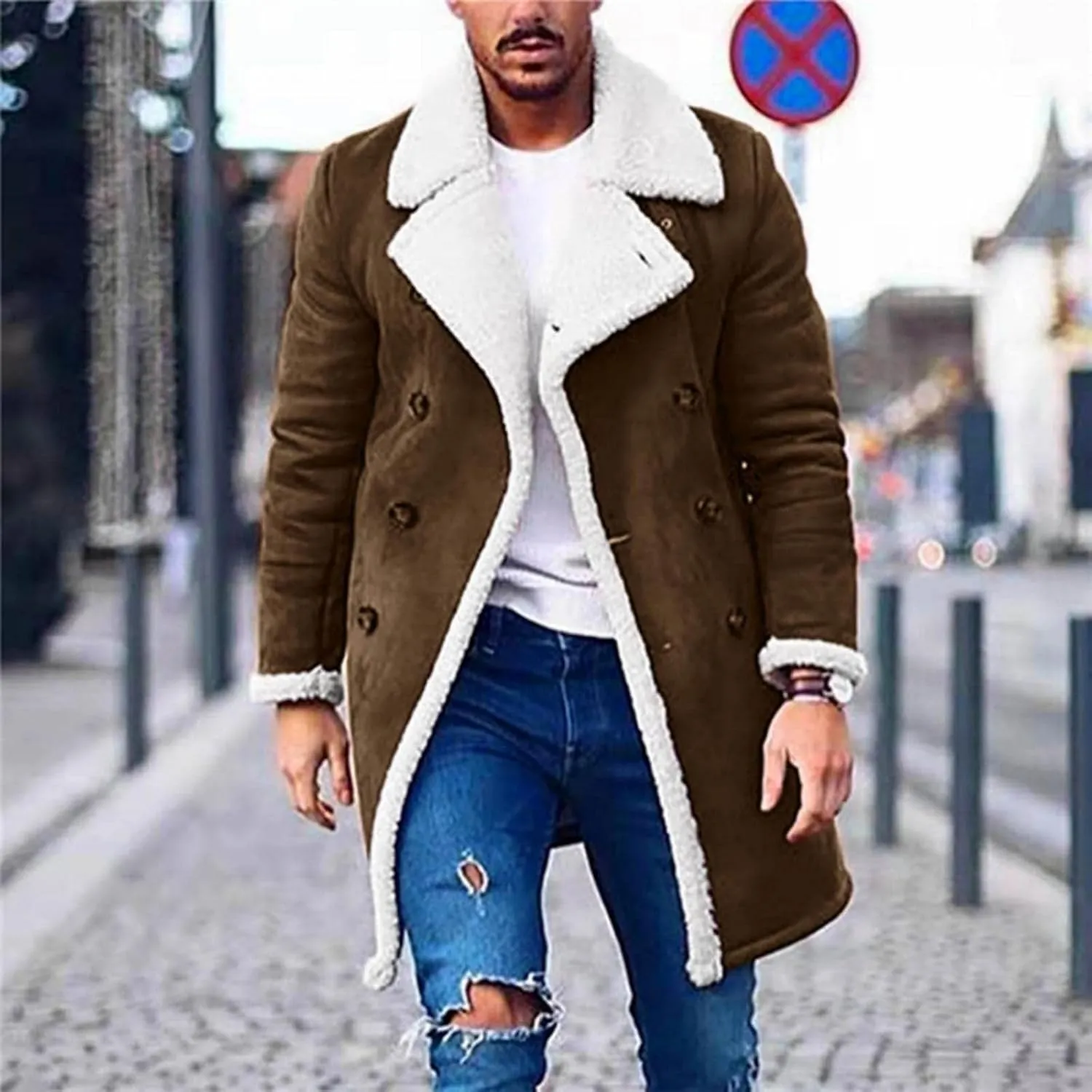 Trench Coat Men Casual Fleece Sherpa Lined Jackets Winter Warm Faux Fur Collar Long Coats Big and Tall Outwears Pockets