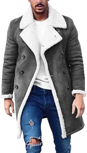 Trench Coat Men Casual Fleece Sherpa Lined Jackets Winter Warm Faux Fur Collar Long Coats Big and Tall Outwears Pockets