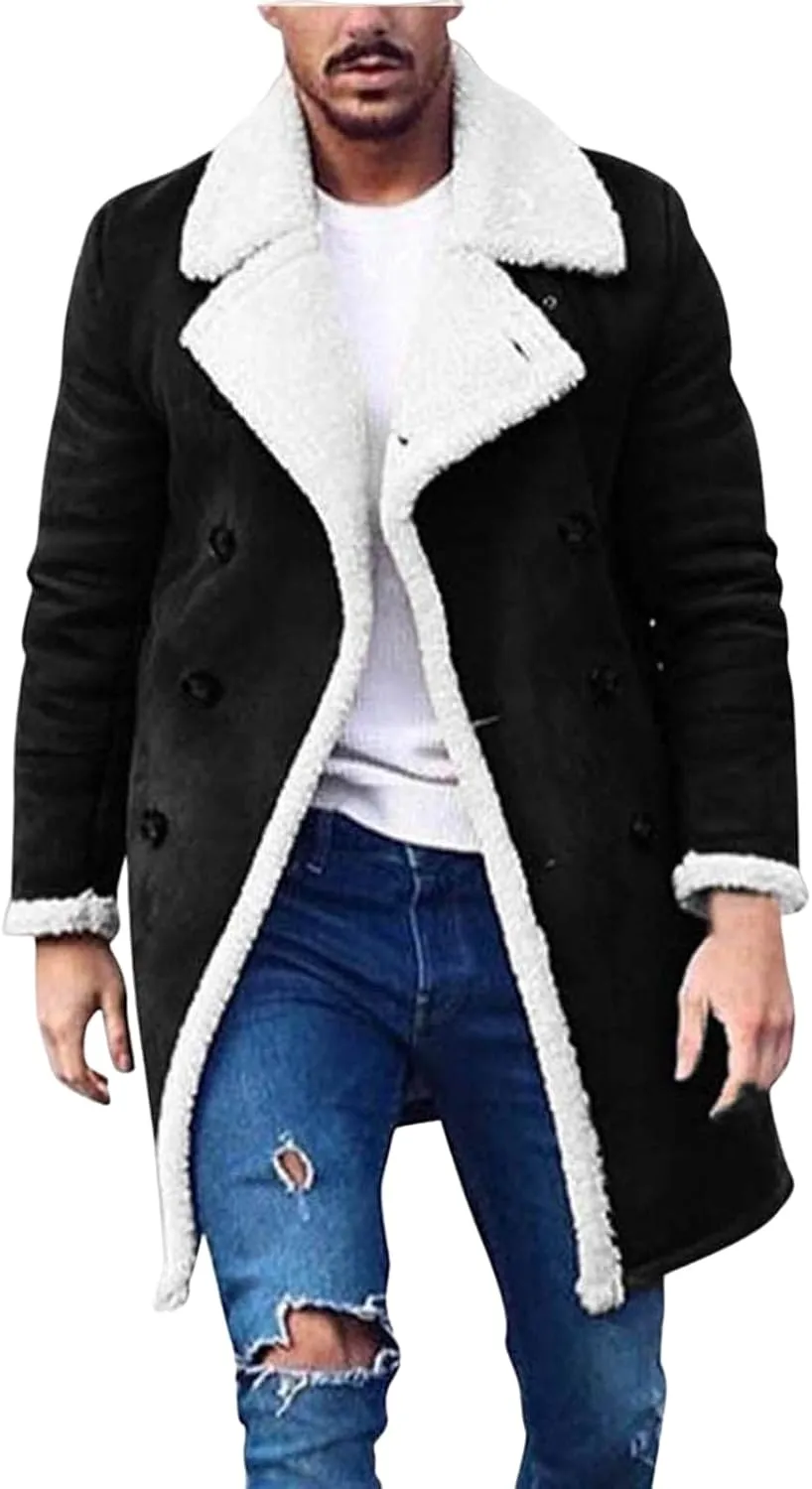 Trench Coat Men Casual Fleece Sherpa Lined Jackets Winter Warm Faux Fur Collar Long Coats Big and Tall Outwears Pockets