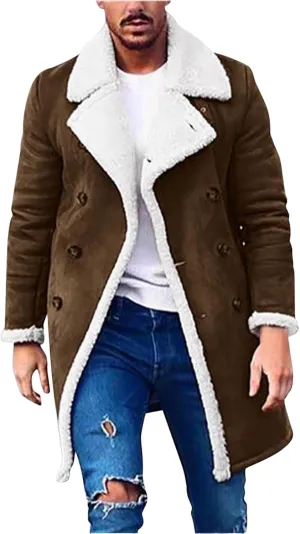 Trench Coat Men Casual Fleece Sherpa Lined Jackets Winter Warm Faux Fur Collar Long Coats Big and Tall Outwears Pockets