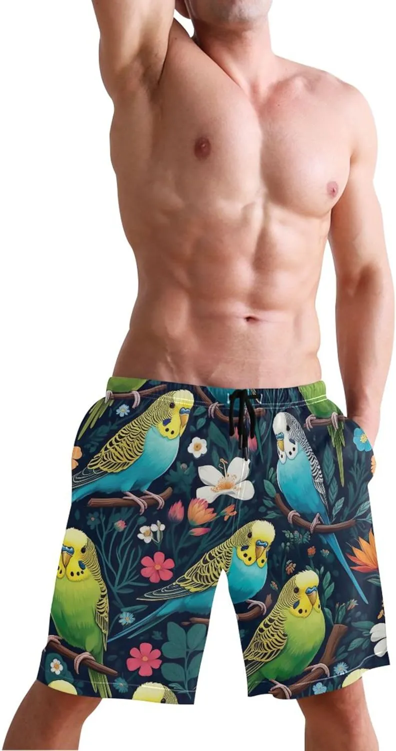 Tropical Birds Colorful Men's Swim Trunks Funny Board Swimming Shorts Vacation Bathing Suit Quick Dry S