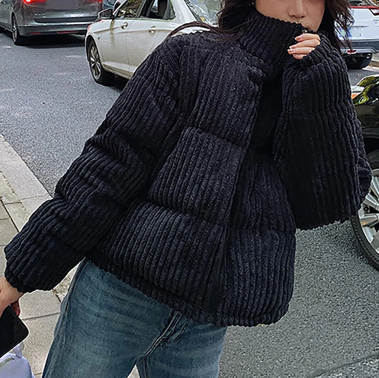 tuduoms Womens Girls Winter Coats Cute Warm Quilted Corduroy Puffer Cropped Jacket Stand Collar Short Down Parka Coat Jacket