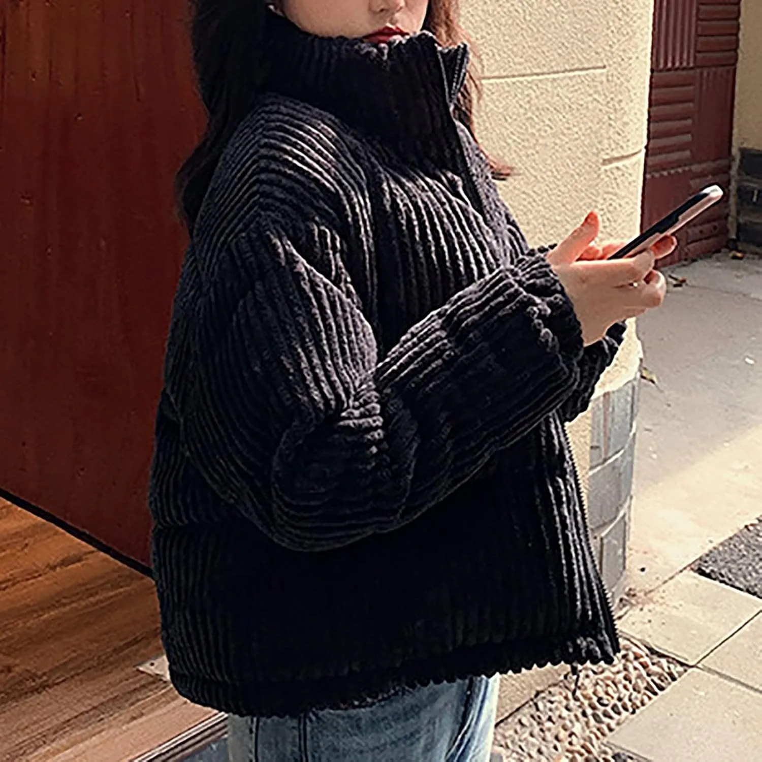tuduoms Womens Girls Winter Coats Cute Warm Quilted Corduroy Puffer Cropped Jacket Stand Collar Short Down Parka Coat Jacket