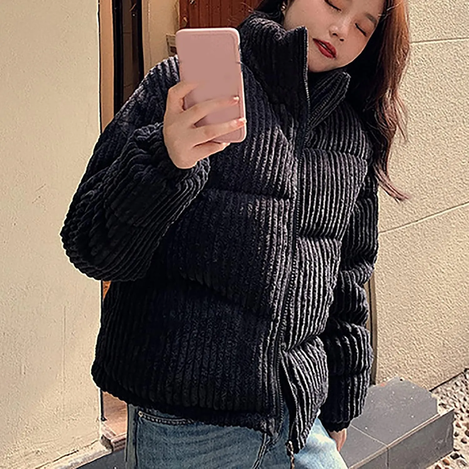 tuduoms Womens Girls Winter Coats Cute Warm Quilted Corduroy Puffer Cropped Jacket Stand Collar Short Down Parka Coat Jacket
