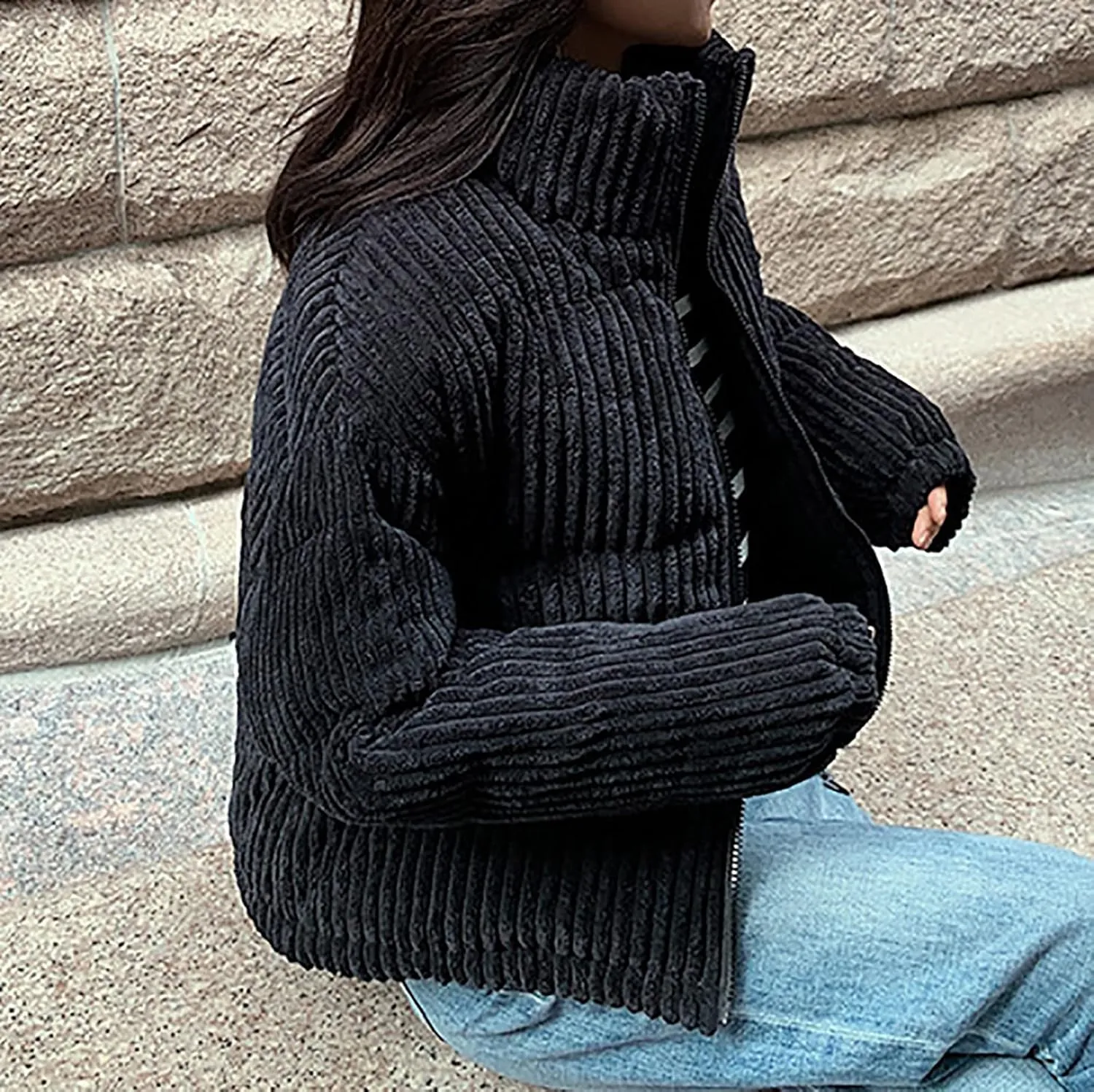 tuduoms Womens Girls Winter Coats Cute Warm Quilted Corduroy Puffer Cropped Jacket Stand Collar Short Down Parka Coat Jacket