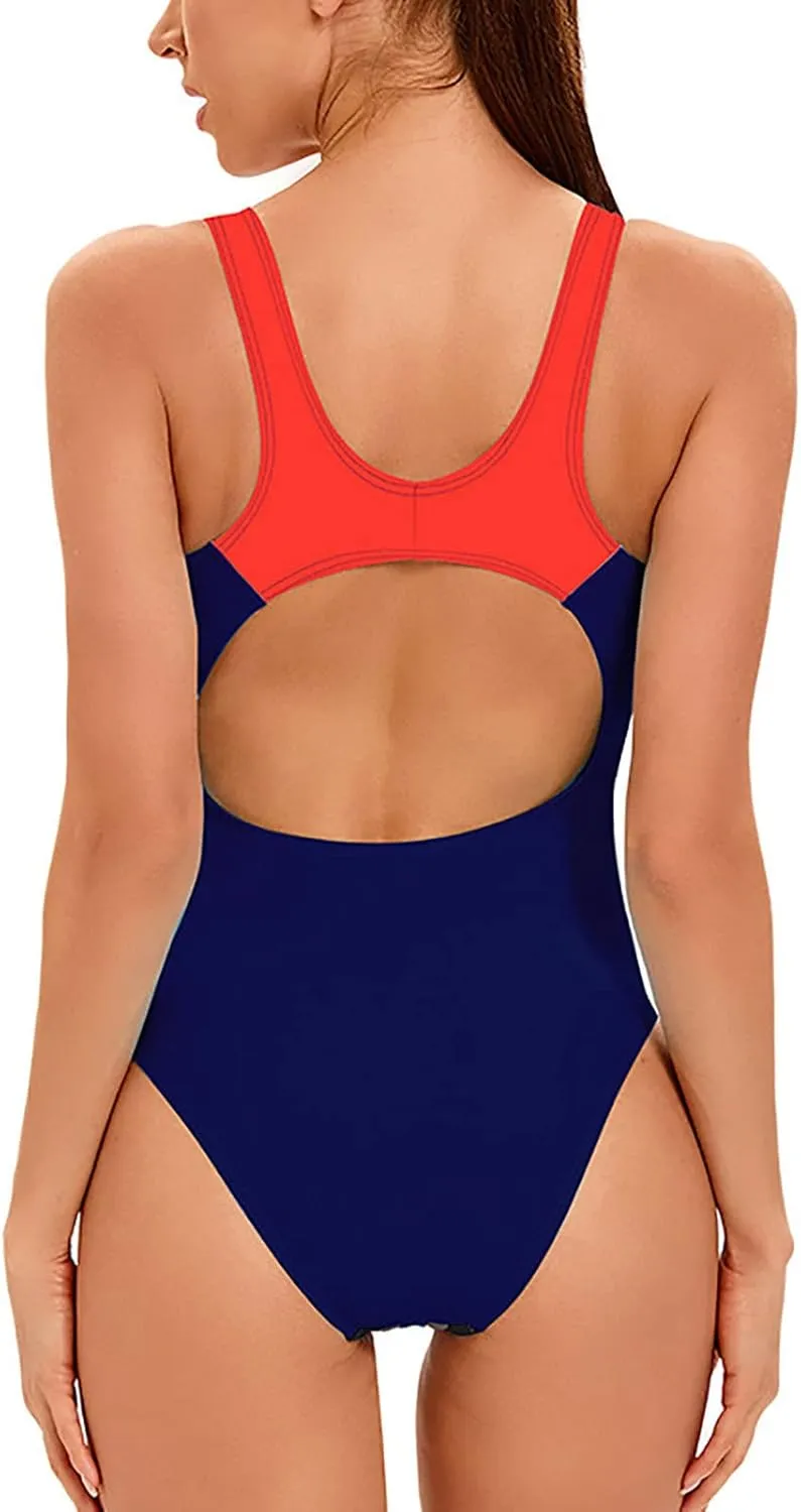 Tummy Control Swimsuits for Women Sports One Piece Swimsuits Conservative Color Matching Sexy Backless Swimsuits