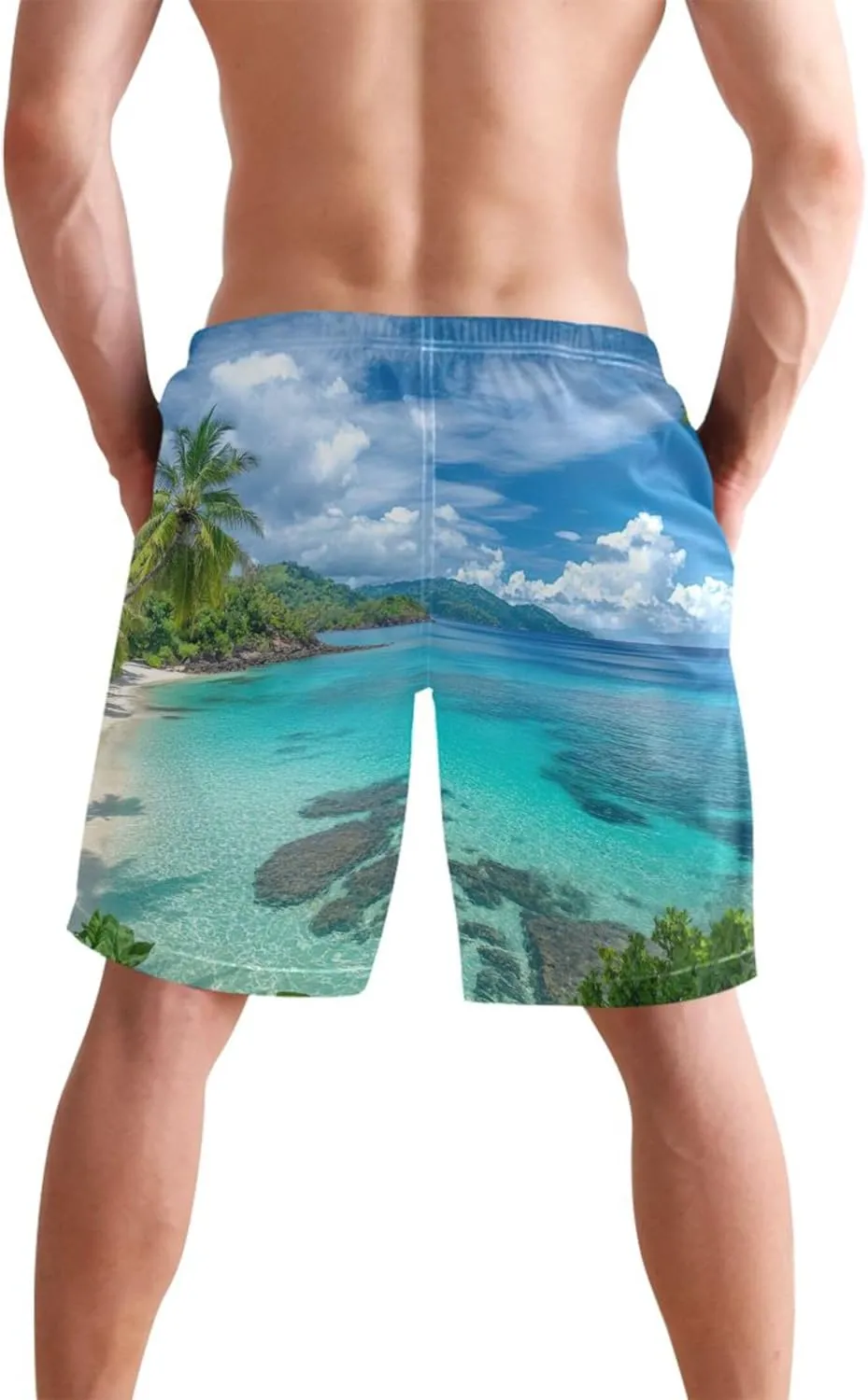 Turquoise Tropical Island Mens Swim Trunks Funny Quick Dry Elastic Shorts Surf Beach Swimming Shorts S