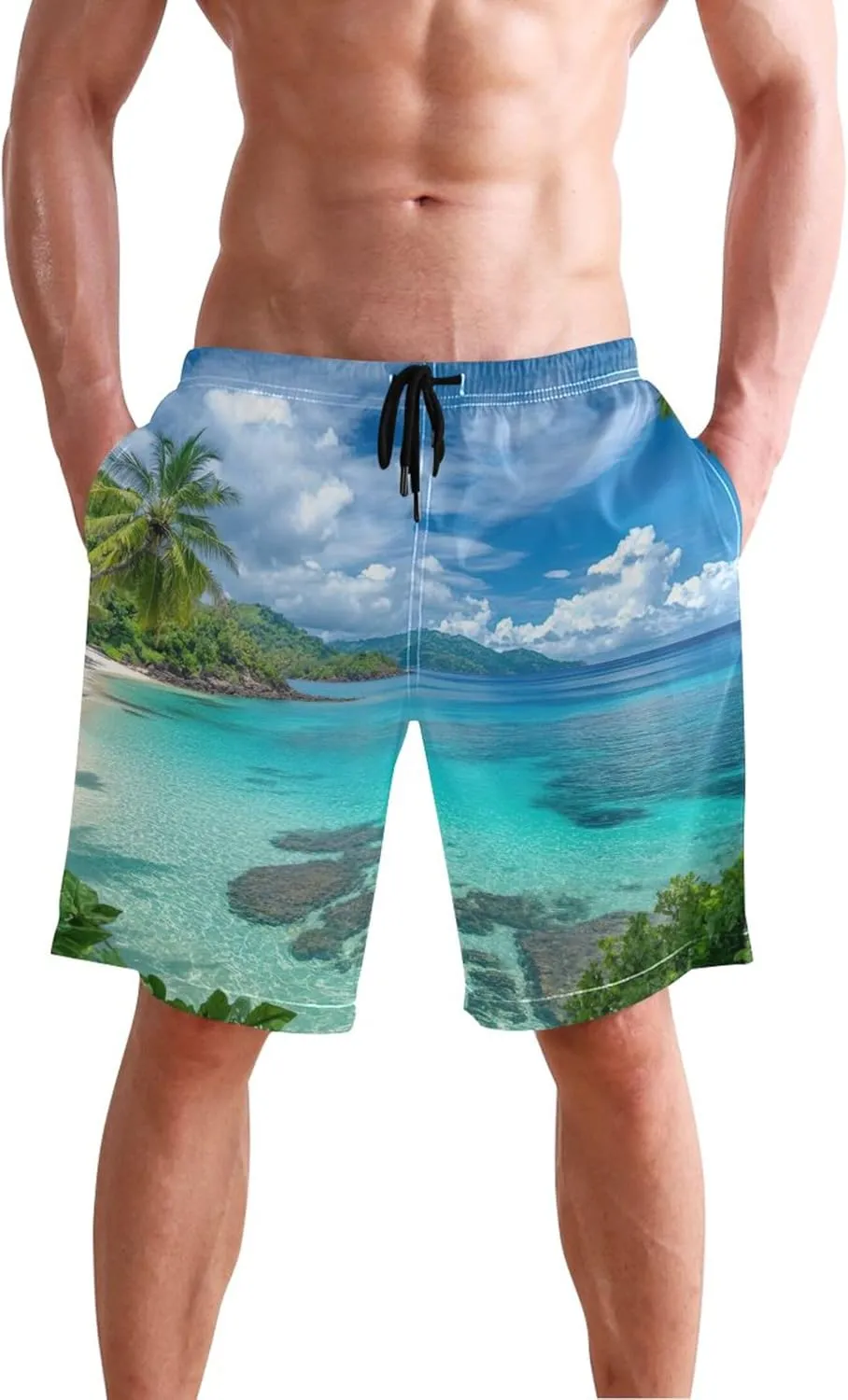 Turquoise Tropical Island Mens Swim Trunks Funny Quick Dry Elastic Shorts Surf Beach Swimming Shorts S