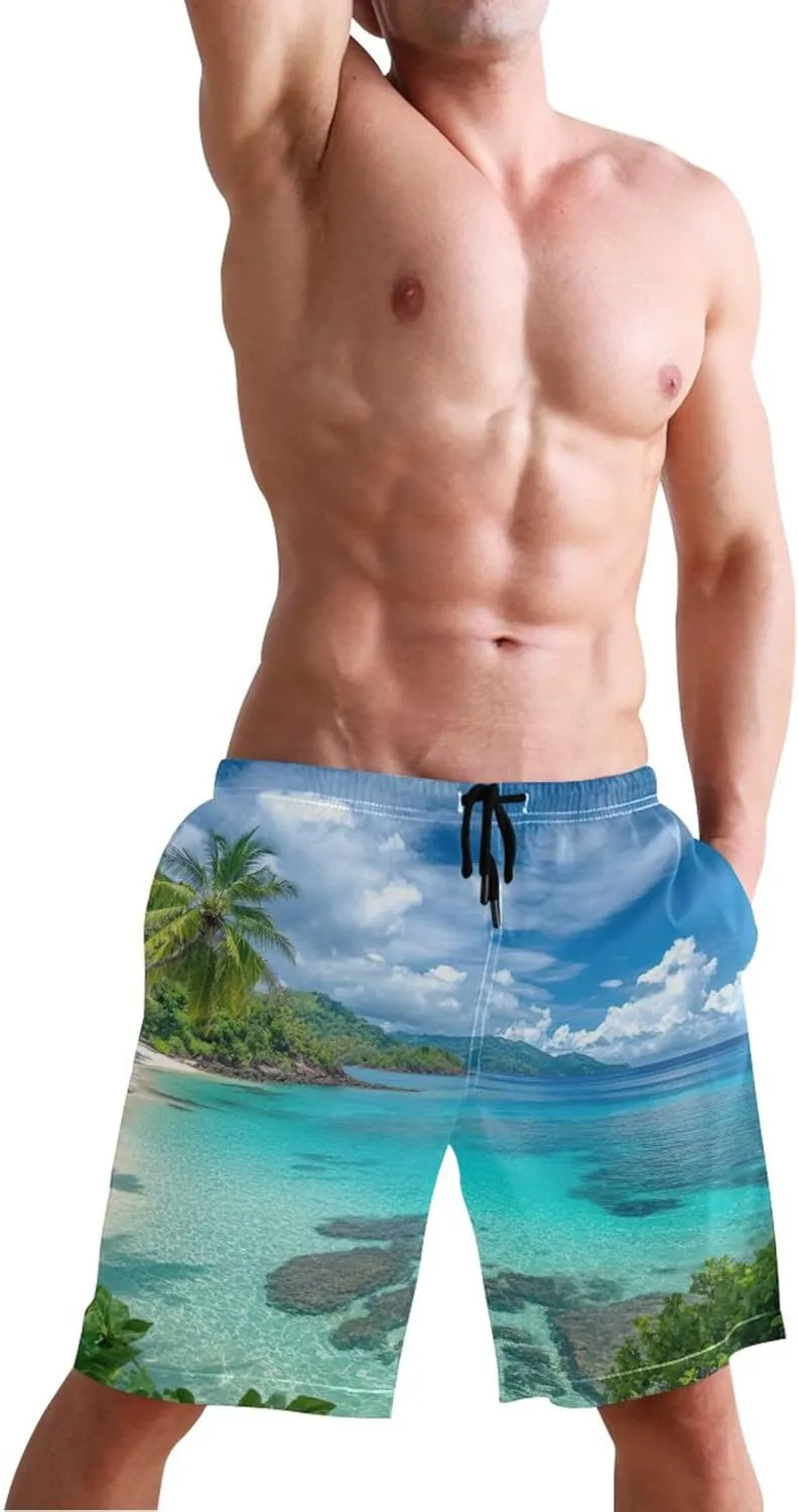 Turquoise Tropical Island Mens Swim Trunks Funny Quick Dry Elastic Shorts Surf Beach Swimming Shorts S