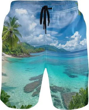 Turquoise Tropical Island Mens Swim Trunks Funny Quick Dry Elastic Shorts Surf Beach Swimming Shorts S
