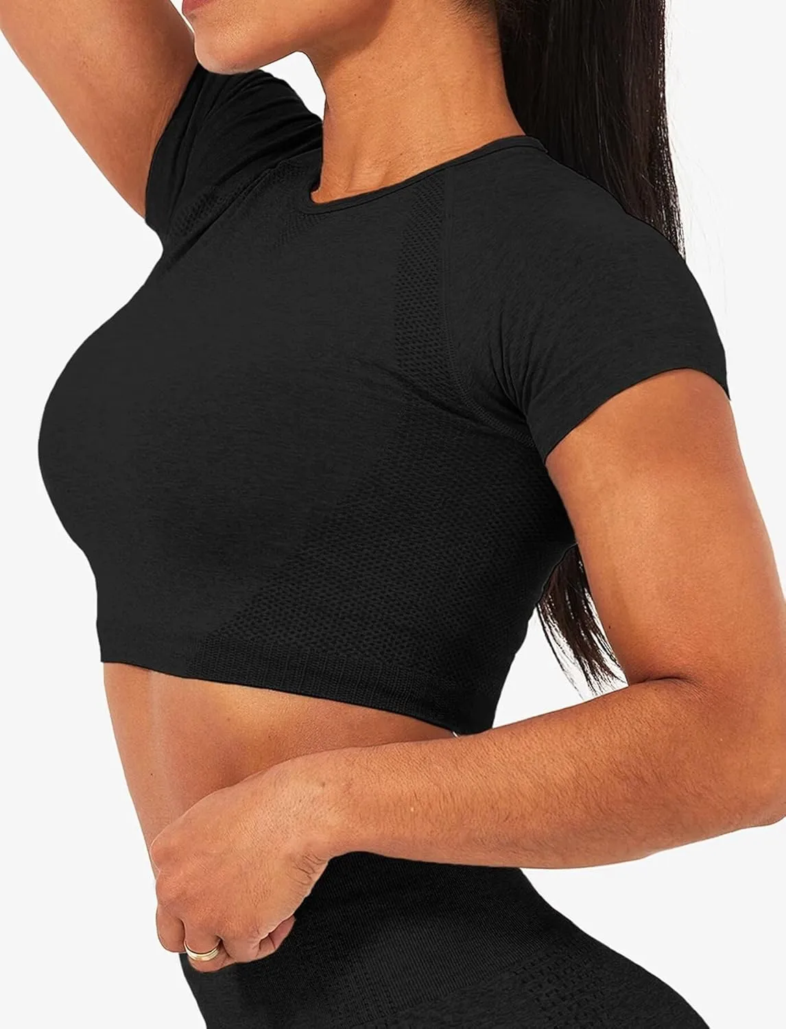 TZLDN Women Gym Short Sleeve Compression Shirt Seamless Tight Workout Crop Tops Yoga Sports Athletic Tees
