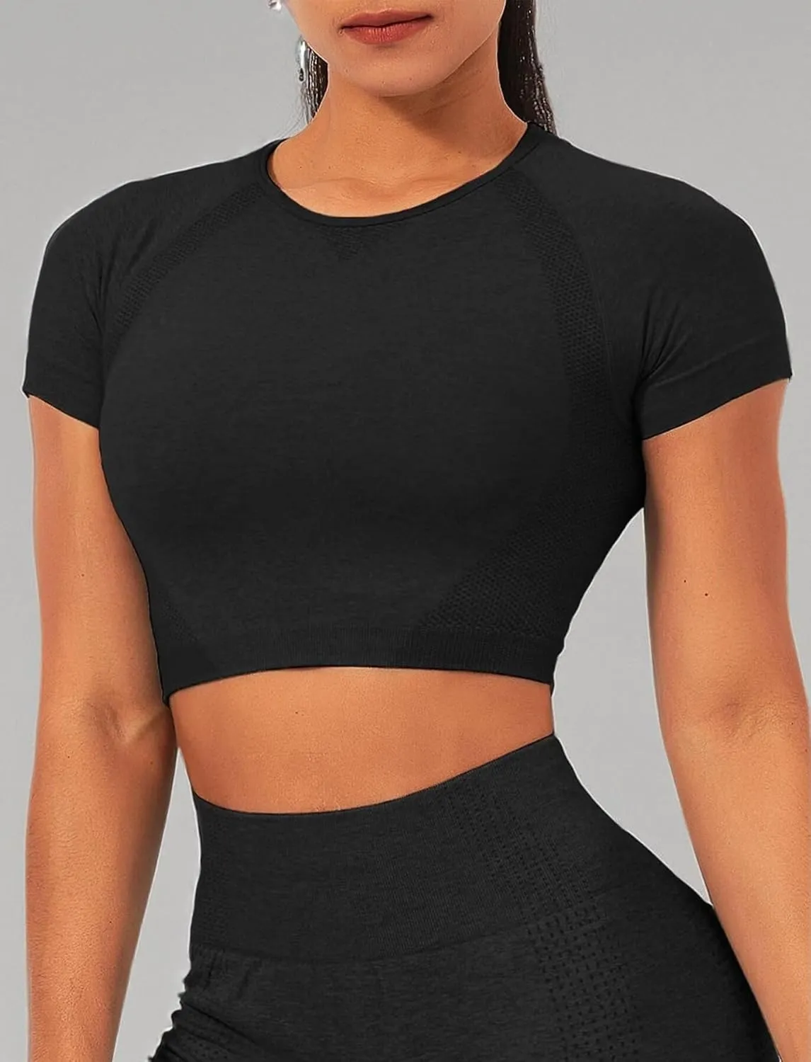 TZLDN Women Gym Short Sleeve Compression Shirt Seamless Tight Workout Crop Tops Yoga Sports Athletic Tees