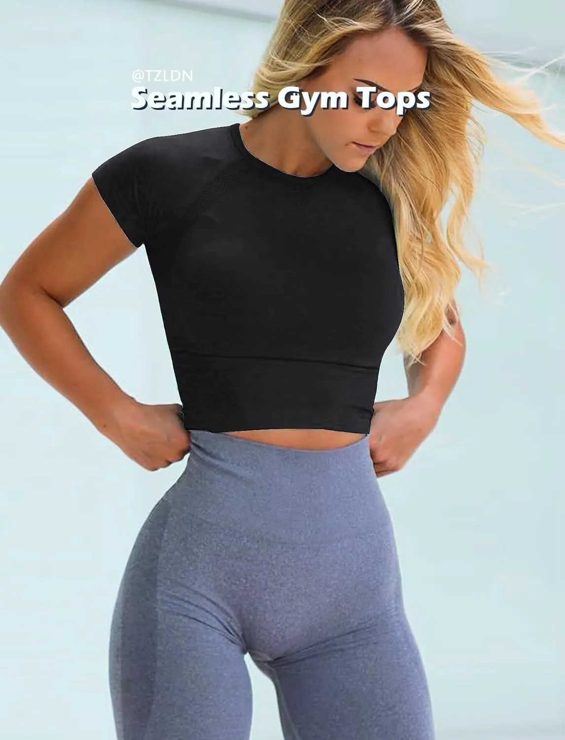TZLDN Women Gym Short Sleeve Compression Shirt Seamless Tight Workout Crop Tops Yoga Sports Athletic Tees