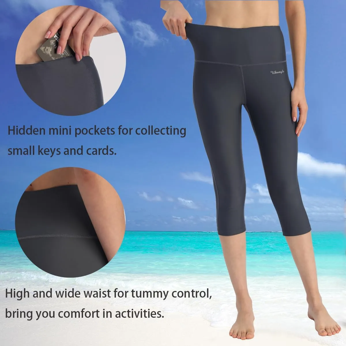 Ubestyle UPF 50  High Waist Swim Leggings for Women Swim Capris Swim Pant Swim Tights Beach Pants Sun Protective