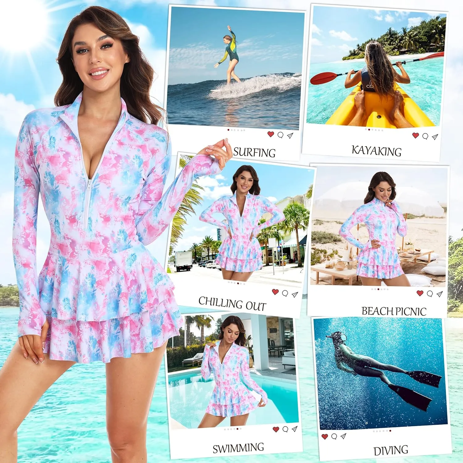 UNIQUEBELLA Rash Guard for Women, 1 Piece Modest Swimsuits for Women - Long Sleeve Swimsuits UV UPF 50  Swim Shirt