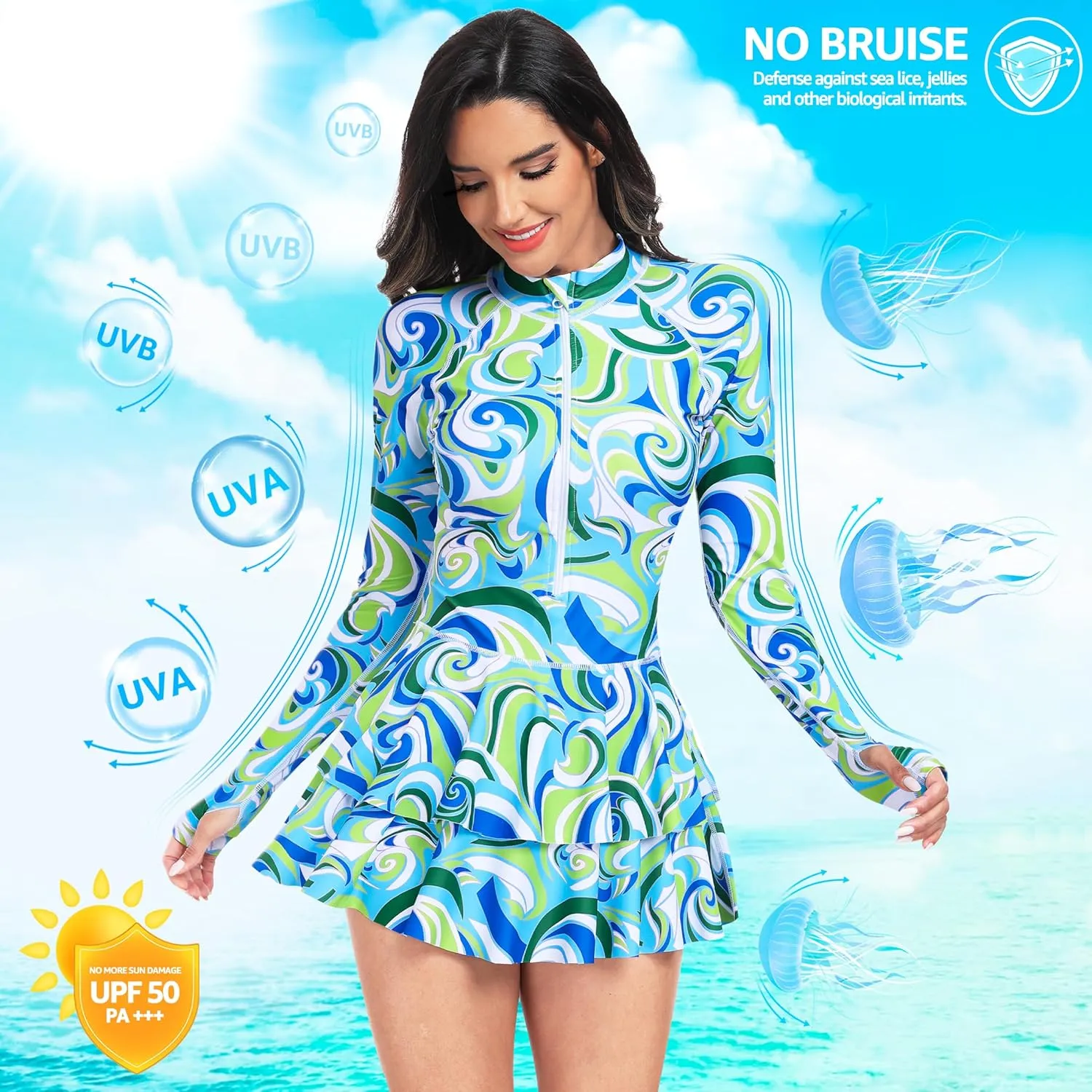 UNIQUEBELLA Rash Guard for Women, 1 Piece Modest Swimsuits for Women - Long Sleeve Swimsuits UV UPF 50  Swim Shirt
