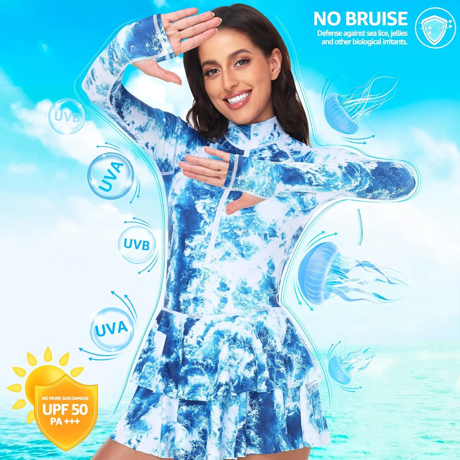 UNIQUEBELLA Rash Guard for Women, 1 Piece Modest Swimsuits for Women - Long Sleeve Swimsuits UV UPF 50  Swim Shirt