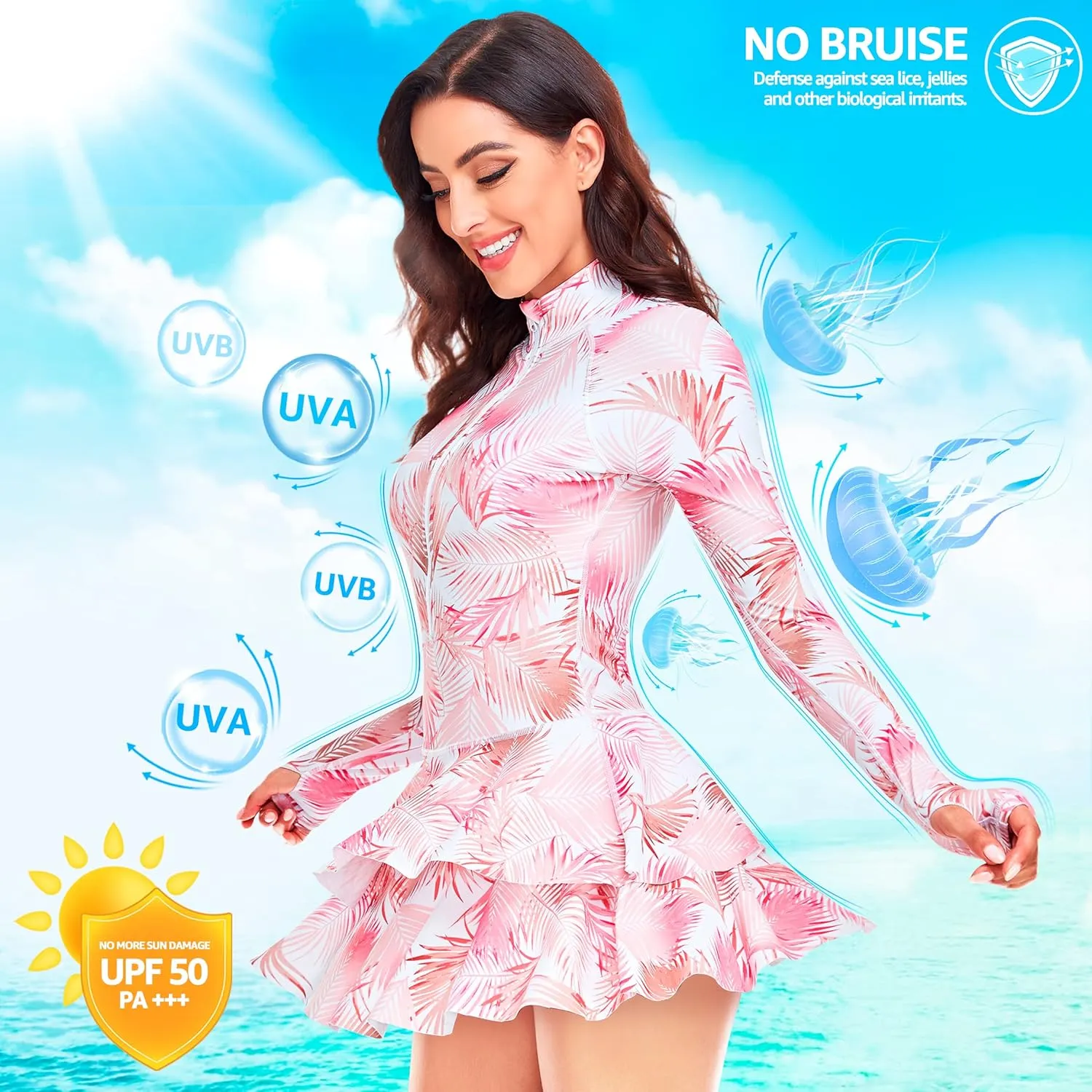 UNIQUEBELLA Rash Guard for Women, 1 Piece Modest Swimsuits for Women - Long Sleeve Swimsuits UV UPF 50  Swim Shirt