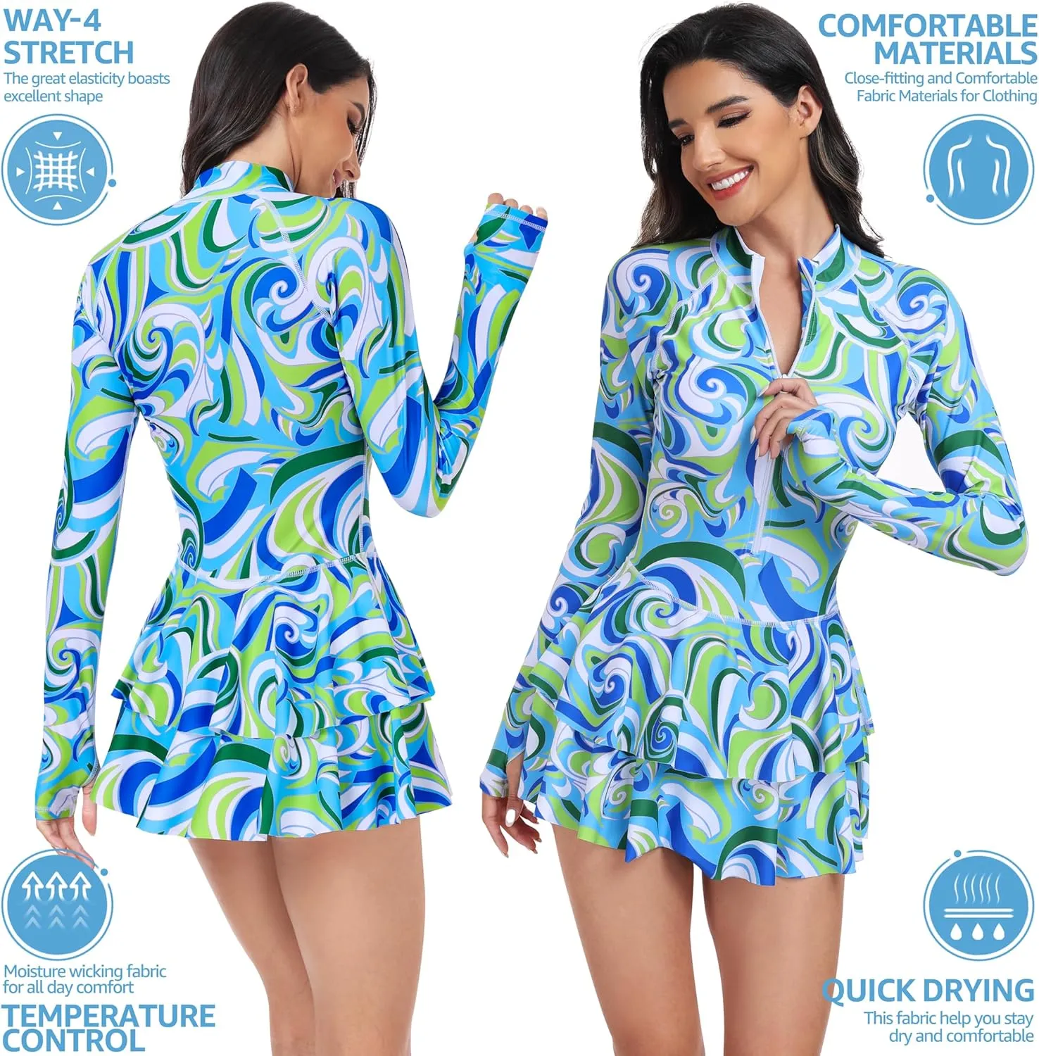 UNIQUEBELLA Rash Guard for Women, 1 Piece Modest Swimsuits for Women - Long Sleeve Swimsuits UV UPF 50  Swim Shirt