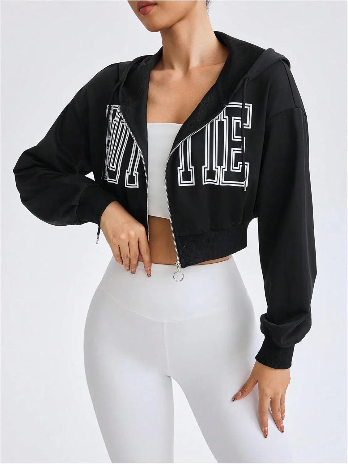 Verdusa Women's Letter Print Zip Up Cropped Hoodie Long Sleeve Crop Hooded Sweatshirt