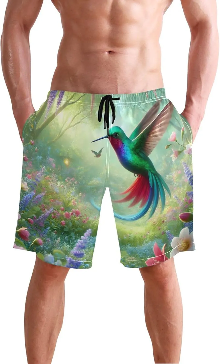 Vibrant Hummingbird Garden Green Men's Swim Trunks Funny Beach Swimming Shorts Vacation Quick Dry Bathing Suit S
