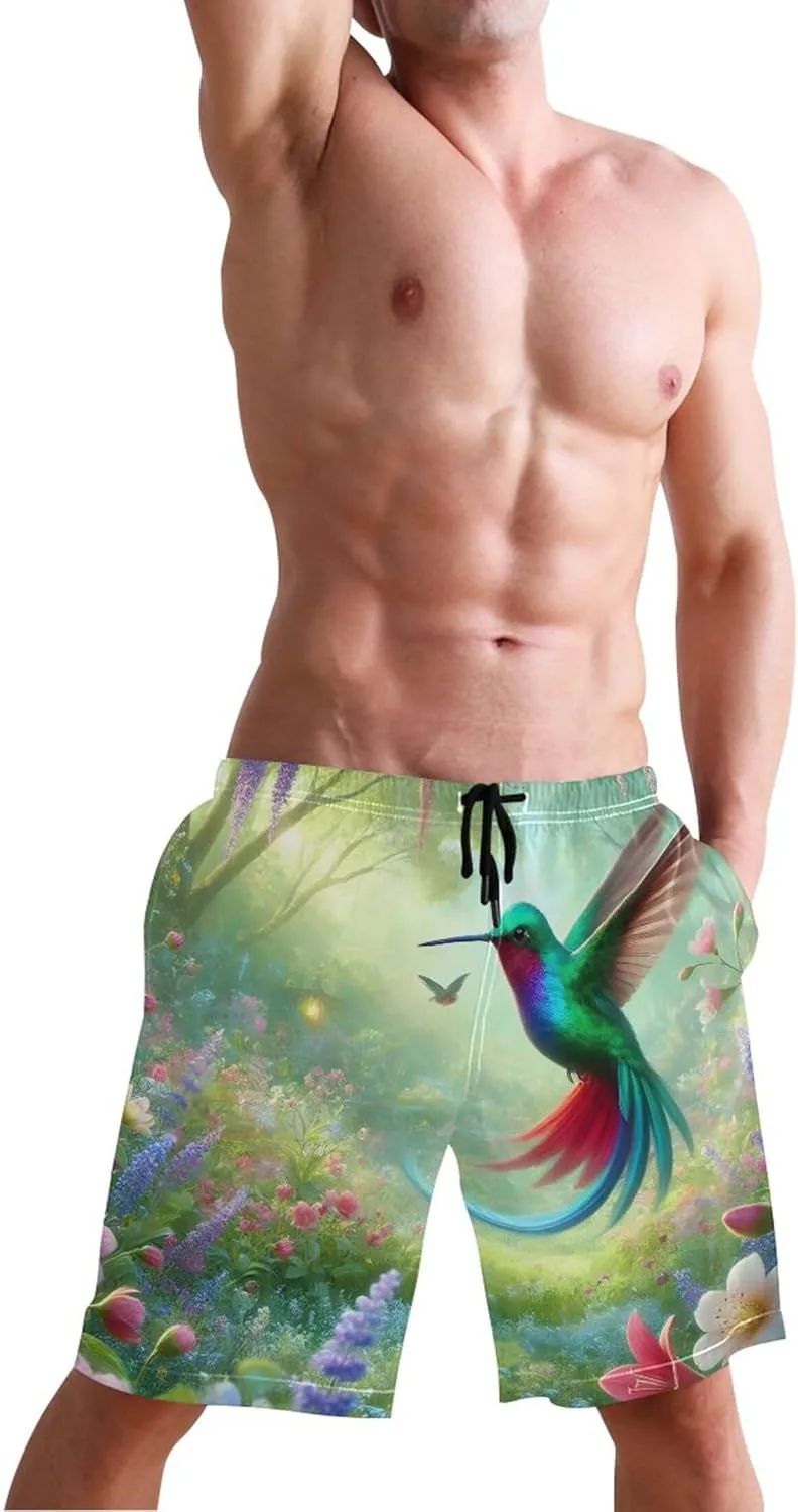 Vibrant Hummingbird Garden Green Men's Swim Trunks Funny Beach Swimming Shorts Vacation Quick Dry Bathing Suit S
