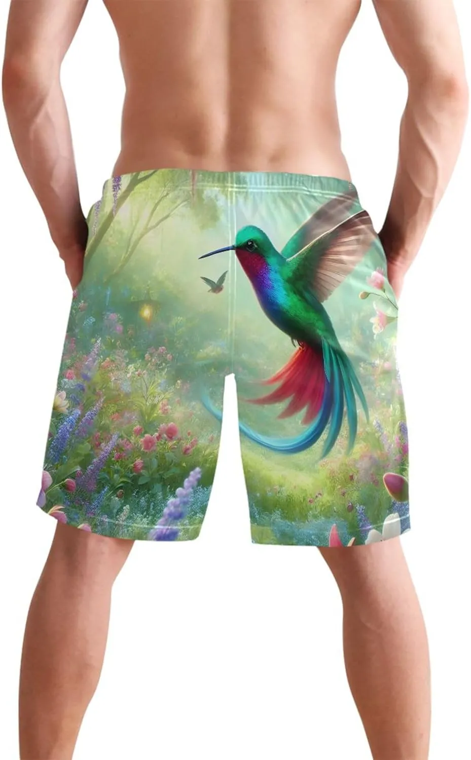 Vibrant Hummingbird Garden Green Men's Swim Trunks Funny Beach Swimming Shorts Vacation Quick Dry Bathing Suit S