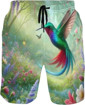 Vibrant Hummingbird Garden Green Men's Swim Trunks Funny Beach Swimming Shorts Vacation Quick Dry Bathing Suit S