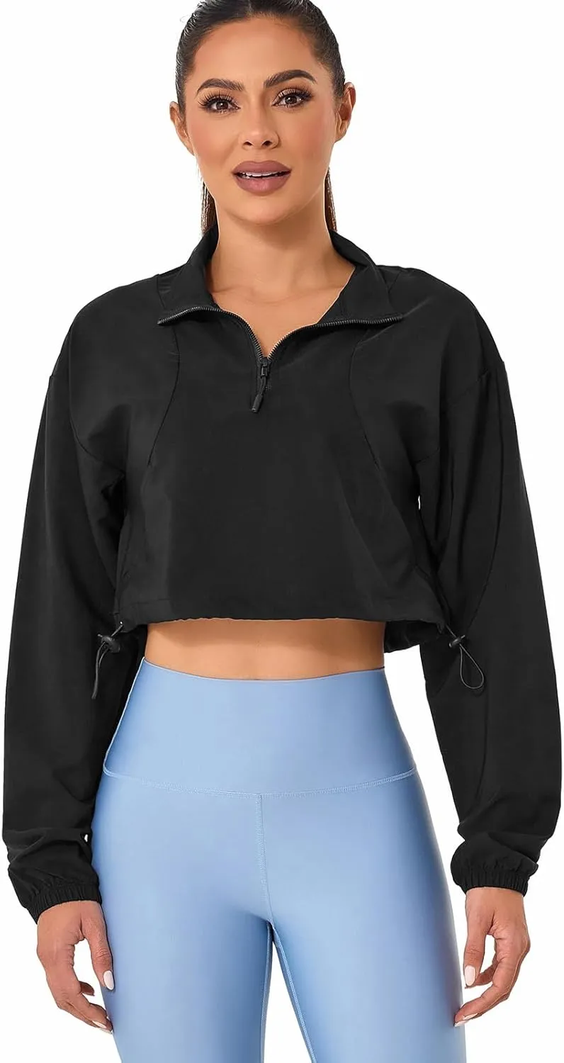 VIPONES Women's Athletic Running Yoga Gym Track Zip Up Cropped Jackets UPF 50  Sun Protection Long Sleeve Workout Shirts