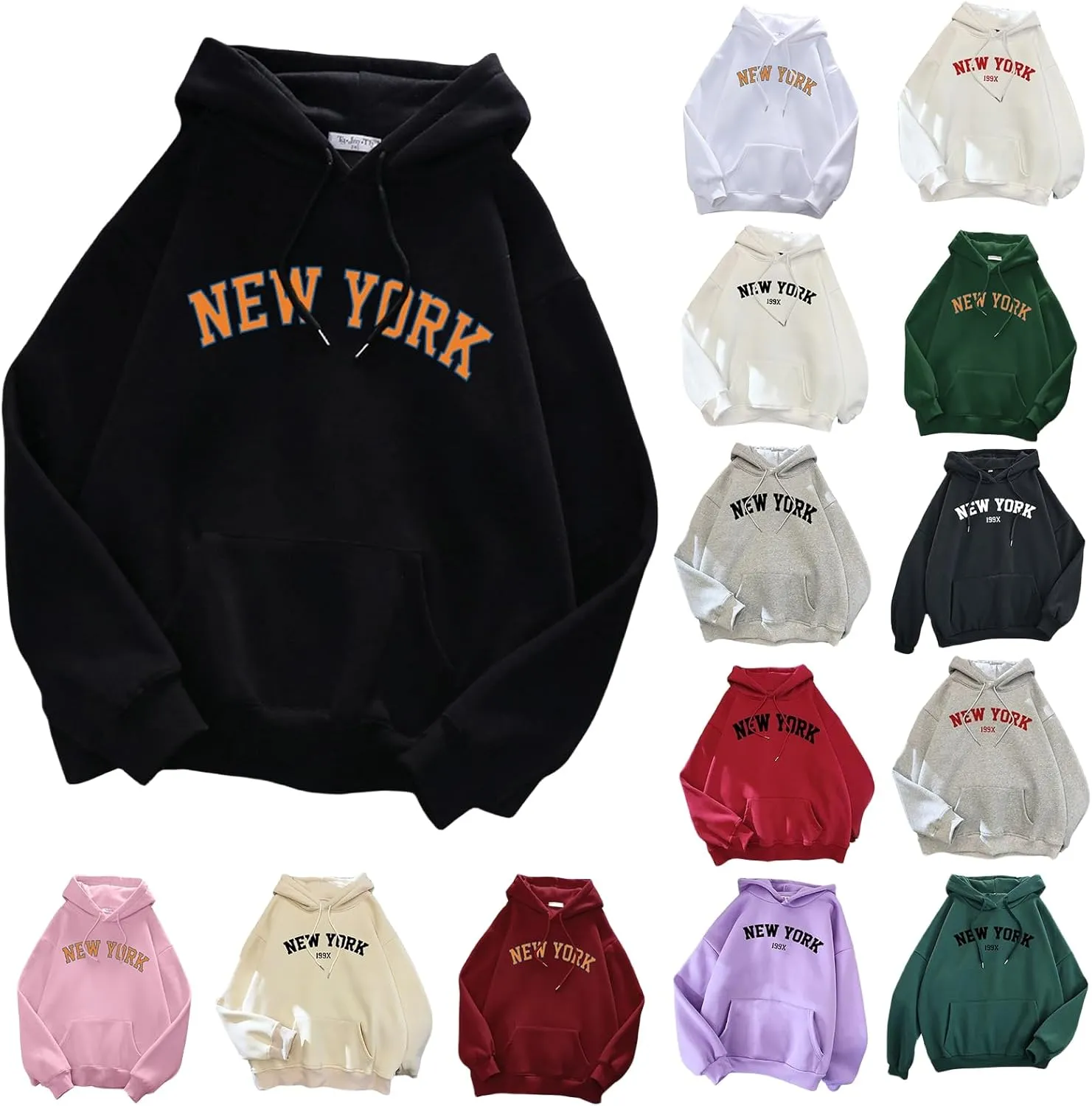 Wankang Graphic Hoodies for Men Women Unisex New York Print Hooded Sweatshirt Pullover Crewneck Sweaters Stylish Fall Tops