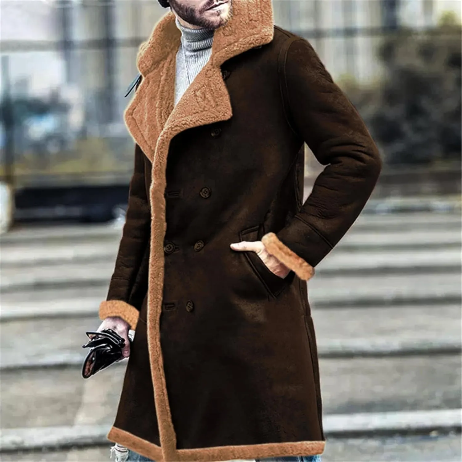 Wankang Sherpa Lined Long Jacket Men Faux Leather Jacket Long Trench Coats Winter Shearling Sheepskin Fleece Coat for Men