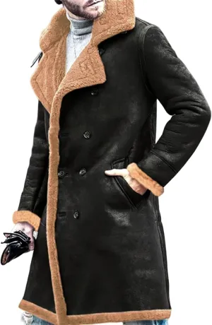Wankang Sherpa Lined Long Jacket Men Faux Leather Jacket Long Trench Coats Winter Shearling Sheepskin Fleece Coat for Men