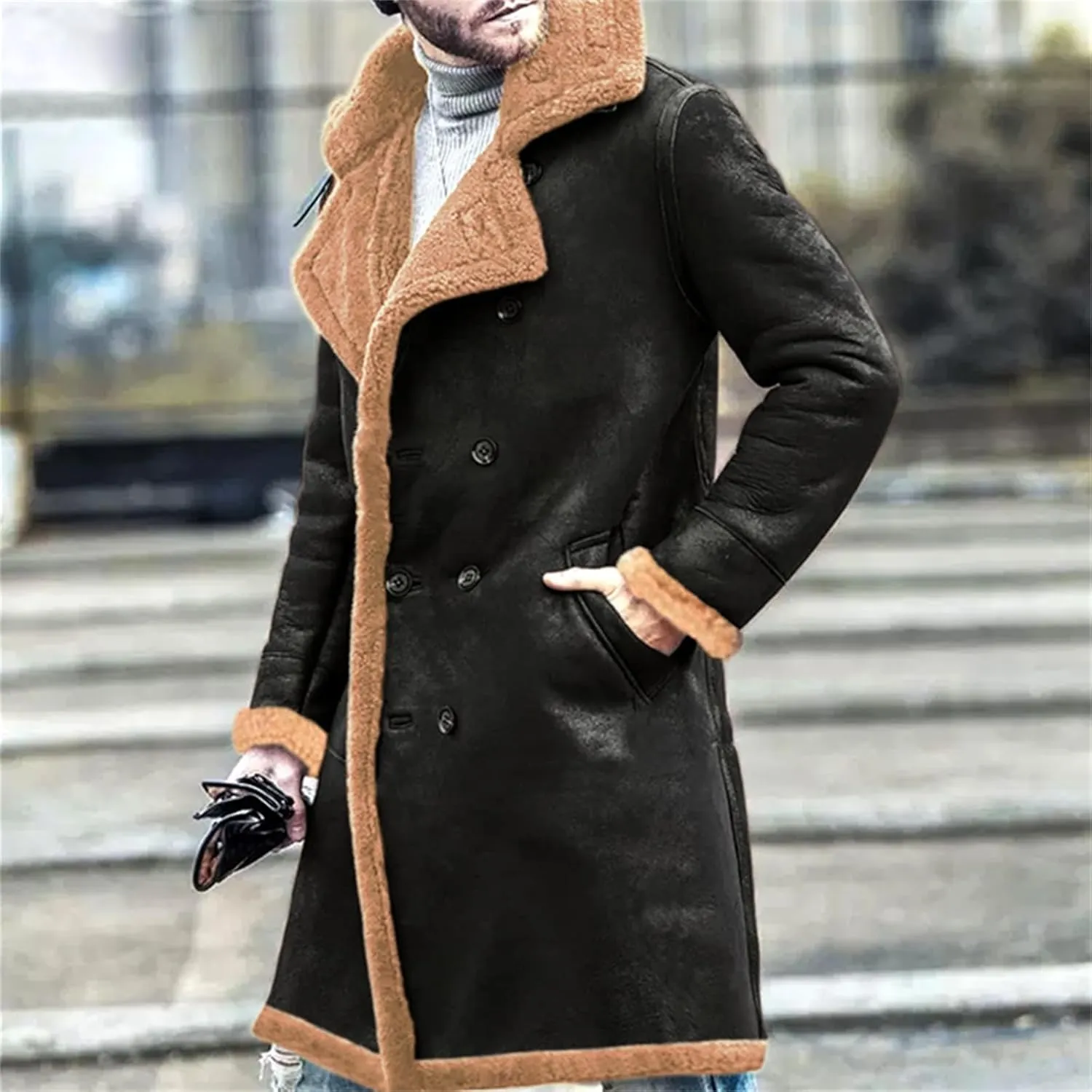Wankang Sherpa Lined Long Jacket Men Faux Leather Jacket Long Trench Coats Winter Shearling Sheepskin Fleece Coat for Men