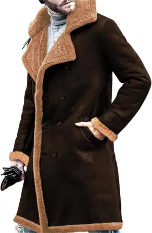 Wankang Sherpa Lined Long Jacket Men Faux Leather Jacket Long Trench Coats Winter Shearling Sheepskin Fleece Coat for Men
