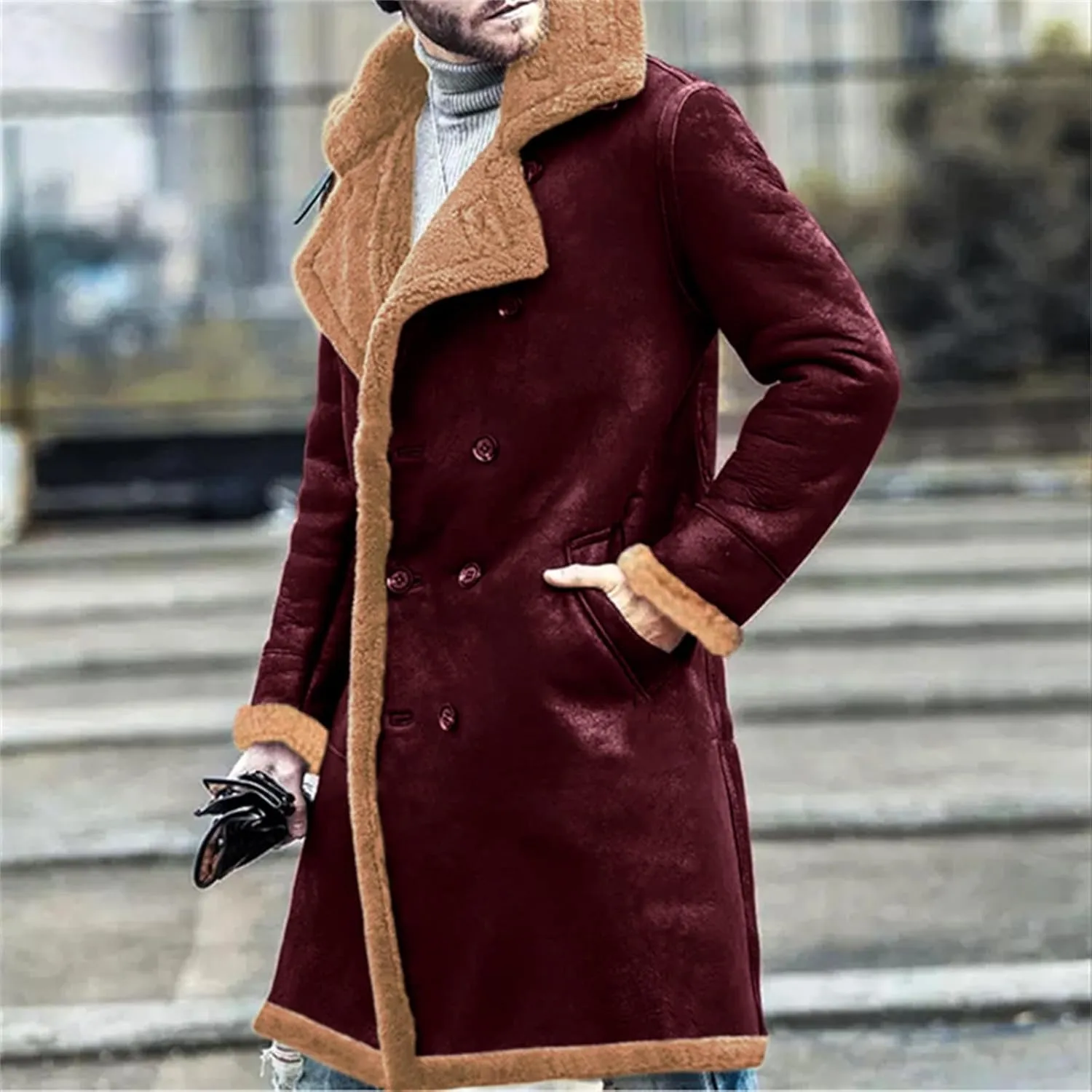 Wankang Sherpa Lined Long Jacket Men Faux Leather Jacket Long Trench Coats Winter Shearling Sheepskin Fleece Coat for Men