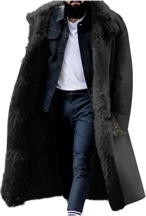 Wankang Sherpa Lined Long Jacket Men Faux Leather Shearling Jacket Mens Fur Long Trench Coats Winter Sheepskin Fleece Coat