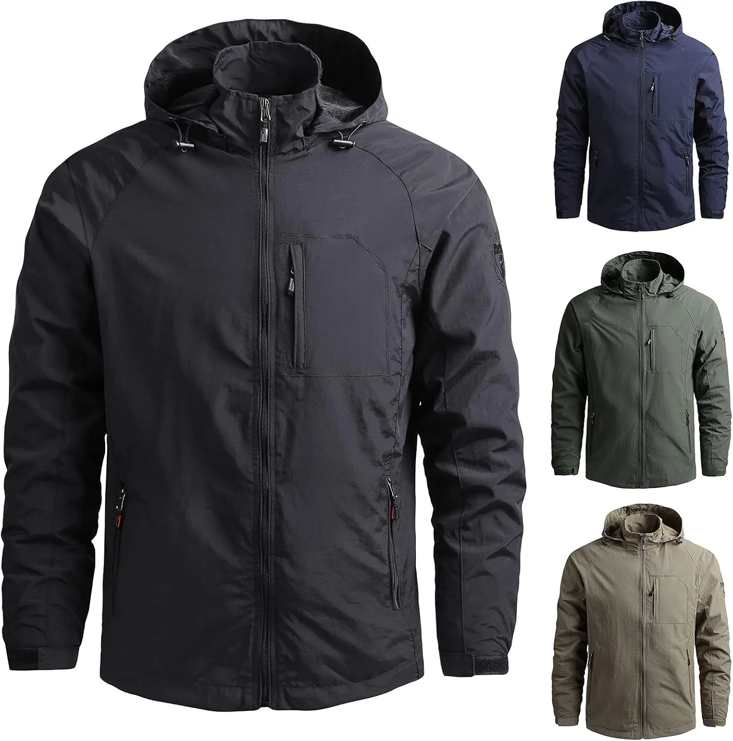 Waterproof Jackets for Men Lightweight Full Zip Long Sleeve Windbreaker Jackets with Hood Detachable Hiking Coats