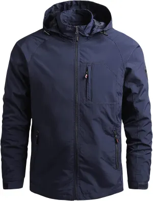 Waterproof Jackets for Men Lightweight Full Zip Long Sleeve Windbreaker Jackets with Hood Detachable Hiking Coats