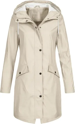 Waterproof Jackets for Women Solid Hooded Rain Jacket Outdoor Plus Size Long Windbreaker Zipper Coat with Pockets