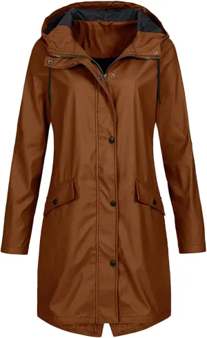 Waterproof Jackets for Women Solid Hooded Rain Jacket Outdoor Plus Size Long Windbreaker Zipper Coat with Pockets