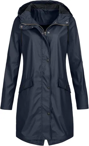 Waterproof Jackets for Women Solid Hooded Rain Jacket Outdoor Plus Size Long Windbreaker Zipper Coat with Pockets
