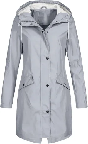 Waterproof Jackets for Women Solid Hooded Rain Jacket Outdoor Plus Size Long Windbreaker Zipper Coat with Pockets